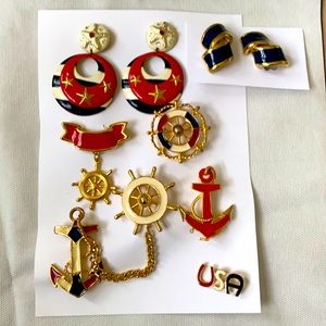 Nautical theme pins and earrings. Costume jewelry